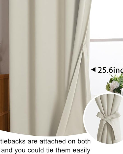 JIUZHEN Ivory Blackout Curtains with Tiebacks - Thermal Insulated, Light Blocking and Noise Reducing Grommet Curtains for Bedroom and Living Room, Set of 2 Window Curtain Panels, 70 x 63 Inch Length