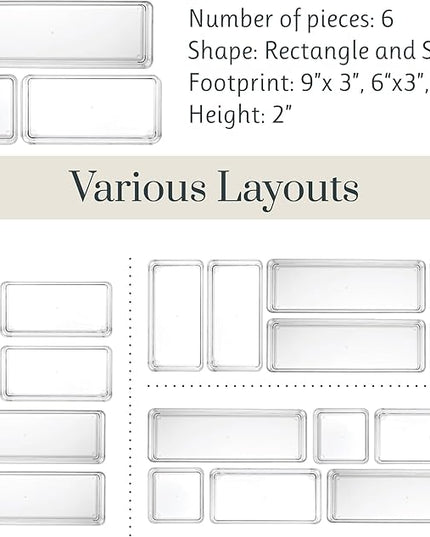 STORi SimpleSort Drawer Organizer Bins 6 pc Set, Multi-size, Bathroom Organizers and Storage, Makeup Organizer, Desk Organizer, Vanity Organizer, Clear Organizing Containers, Made in USA