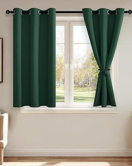 JIUZHEN Forest Green Blackout Curtains with Tiebacks, Light Blocking and Noise Reducing Grommet Curtains for Bedroom and Living Room, Set of 2 Window Curtain Panels, 38 x 45 Inch Length