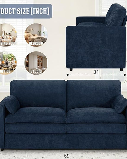 69" Chenille Modern Couch with Cozy & Soft Backrests, 2 Seats Sofa with 2 Extra Pillows, Comfy Upholstered Sofa with Thicker Cushions for Living Room, Office, Blue