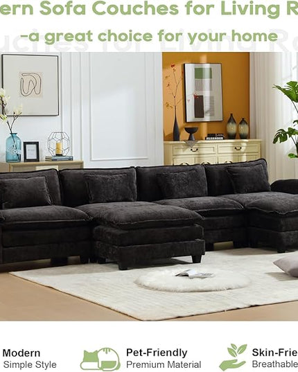154" Modular Sectional Sofa, Comfy Cloud Couch Sectional Sofa with Ottoman, Chenille Sofa Sleeper Deep Seat Sofa with Throw Pillows for Living Room (Black, 154"- U Shape)
