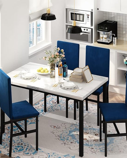 AWQM Dining Table Set for 4, Modern Marble Dining Table Set with 4 Upholstered Velvet Chairs,Dining Room Table Set for Kitchen, Breakfast Nook, Dining Room, White and Blue