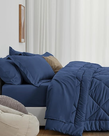 Love's cabin California King Comforter Set Dark Blue, 7 Pieces California King Bed in a Bag, All Season Bedding Sets with 1 Comforter, 1 Flat Sheet, 1 Fitted Sheet, 2 Pillowcase and 2 Pillow Sham