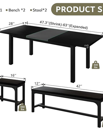 iPormis 5-Piece Dining Table Set for 4-8 People, Extendable Kitchen Table Set with 2 Benches and 2 Square Stools, Mid-Century Dining Room Table with Metal Frame & MDF Board, Saving Space, Black