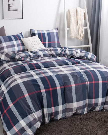 CLOTHKNOW Navy Blue Plaid Queen Comforter Set 3Pcs Tartan Bedding Comforter Sets All Season Soft Blue Grid Buffalo Comforter with 2 x Pillow Cases