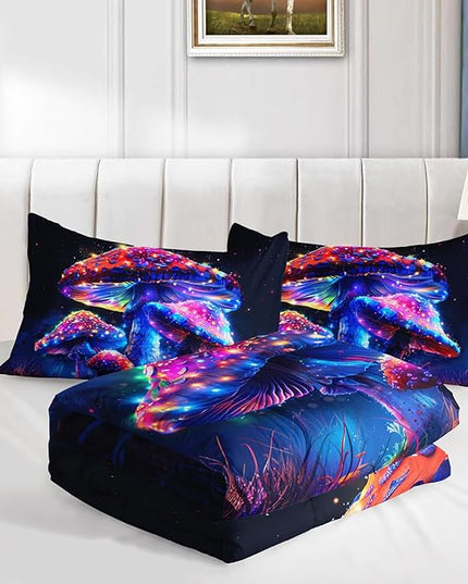 Luminescent Mushroom Comforter Queen Size, Wild Botanical Themed Bed Set Cute Kids' Bedding with 2 Pillowcases.