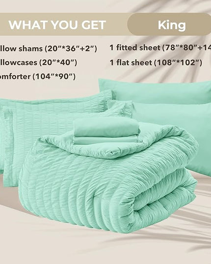 HYMOKEGE Mint Green King Size Comforter Set Seersucker 7 Pieces, All Season Luxury Bed in a Bag for Bedroom, Bedding Set with Comforter, Sheets, Pillowcases & Shams