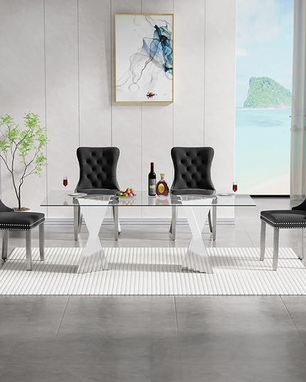 5 Piece Glass Dining Table Set,70" Dinner Room Glass Table Set for 4,Modern Kitchen Dinner Table Set with Stainless Steel Base and 4 Upholstered Velvet Dining Chairs for Living Dining Room