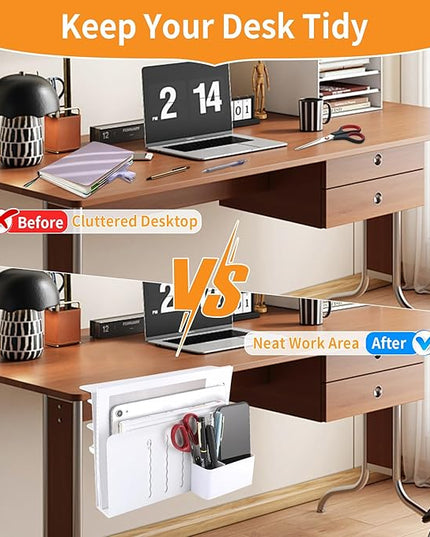 Desk Side Storage Under Desk Laptop Holder, No Drill Hanging Desk Organizer with Pen Holder, Clamp-On Table Side Tray Desktop Organization Mount for Office and Home (White)