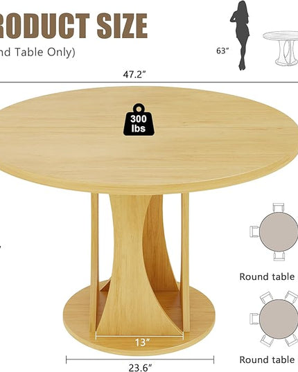 Round Dining Table for 4-6, Kitchen Table with Sturdy Double Arc & Rounded Base & Backboard Clasp Desktop, Mid-Century Modern Circle Dinner Table for Dining Living Room, Space Saving, Natrual