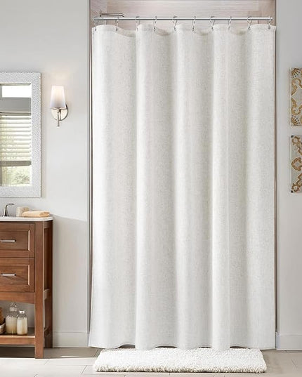 Naturoom 60 Inch Shower Curtain - Stall Narrow Half Linen Ultra Thick Fabric Shower Curtain Set with Hooks, Boho Farmhouse Rustic RV Camper Bath Curtains for Bathroom, Beige White, 60x72