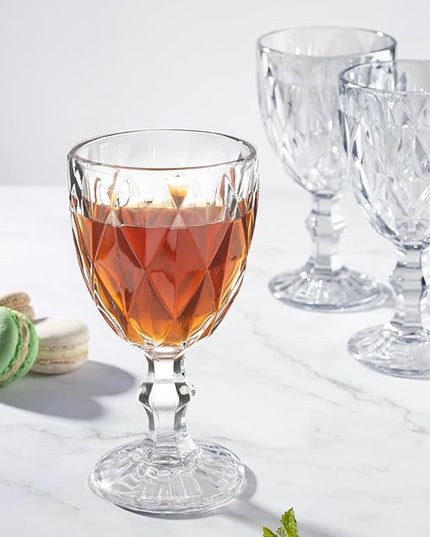 24 Pack Vintage Wine Glasses, Plastic Reusable 12 Ounce Colored Water Goblets, Unique Embossed Pattern Unbreakable Stemmed Wine Glasses High Clear Wedding Party Bar Drinking Cups Clear