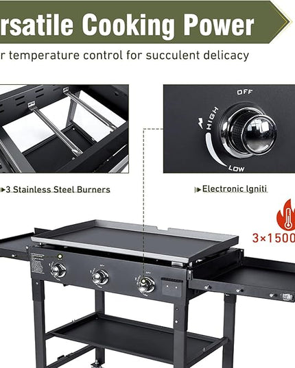 BESTFIRE 3 Burner 35" Flat Top Grill,45,000 BTU Flat Grills Outdoor Cooking with Two Foldable Shelves,Outdoor Griddle with Porcelain-Enameled Cast Iron Grate & Pan for Kitchen,BBQ& Camping
