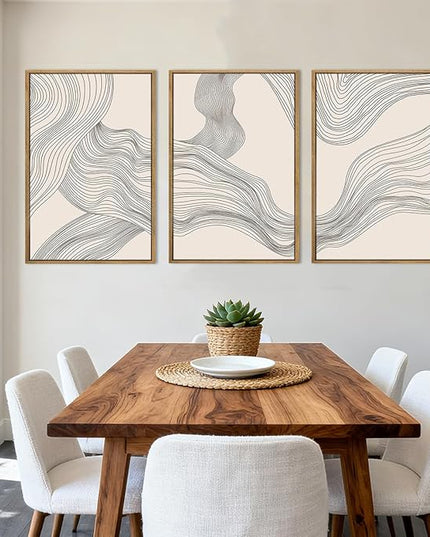 Neutral Abstract Wall Art Framed Modern Beige Wave Wall Decor for Bathroom Living Room Bedroom 16x24 Inch Set of 3