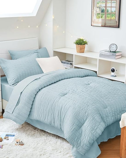 HYMOKEGE Lake Blue Twin XL Comforter Set Seersucker 5 Pieces, All Season Luxury Bed in a Bag for Bedroom, Bedding Set with Comforters, Sheets, Pillowcase & Sham