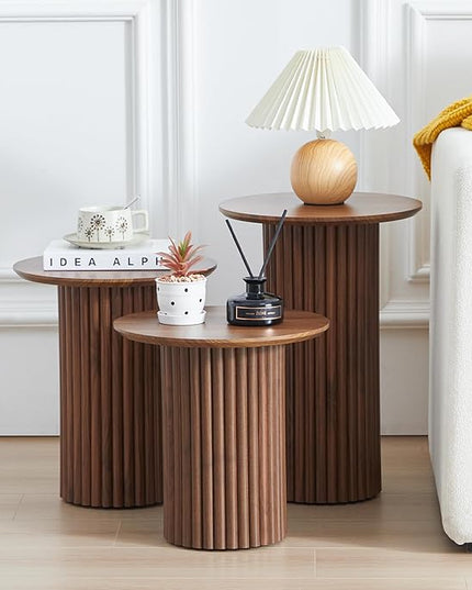 Round Nesting Coffee Table Set of 3,Mid Century Modern Fluted Coffee and End Table Set,Small Circle Wooden Side Table Drink Table for Living Room (Walnut)