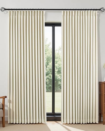 IVAPUPU Cream Beige Pinch Pleated Full Blackout Linen Curtains for Bedroom, Black Out Curtains 108 Inches Long for Living Room Darkening Thermal Insulated Neutral Pleat Drapes with 16 Hooks, 2 Panels