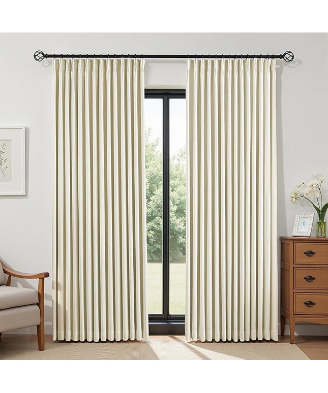 IVAPUPU Cream Beige Pinch Pleated Full Blackout Linen Curtains for Bedroom, Black Out Curtains 96 Inches Long for Living Room Darkening Thermal Insulated Neutral Pleat Drapes with 16 Hooks, 2 Panels
