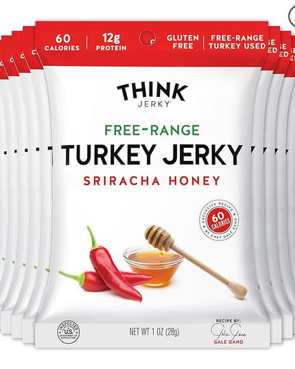 Think Jerky Sriracha Honey Turkey Jerky, High Protein Free-Range Turkey, Gluten Free, No Antibiotics or Nitrates, Healthy Chef Crafted Recipe, Low Calorie and Low Fat - 1.0 oz Bags, 12 Pack