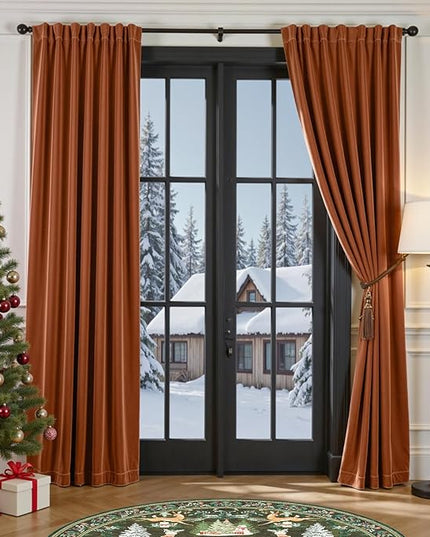 Lazzzy Burnt Orange Blackout Velvet Curtains 84 Inch Long Thermal Insulated Room Darkening Curtain Drapes Luxury Back Tab Window Treatments for Bedroom Living Room 2 Panels, 52 x 84 Inch, Caramel