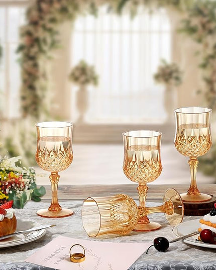 XUWAIDSGN 24 Pcs 7oz Plastic Vintage Wine Glasses Drinking Glasses Unbreakable Wedding Glassware Crystal Water Goblets Reusable Drinkware Vintage Champagne Flutes (24, Amber)