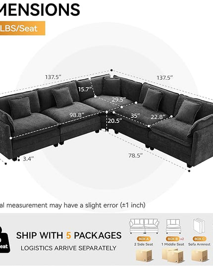 137'' V Shaped Cloud Sectional Sofa, Oversized Deep Seat Couches for Living Room, Chenille Comfy Upholstered Modular Sectional Sofa Couch, Dark Grey