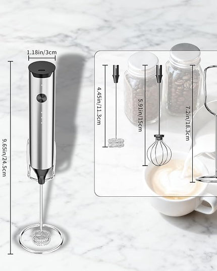 Kitchen Milk Frother Handheld with Stand, 3 Speeds Adjustable Mixer Electric Handheld Frother Wand, Hand Mixer Matcha Whisk Coffee Stirrers for Matcha, Hot Chocolate, Egg - Stainless Steel