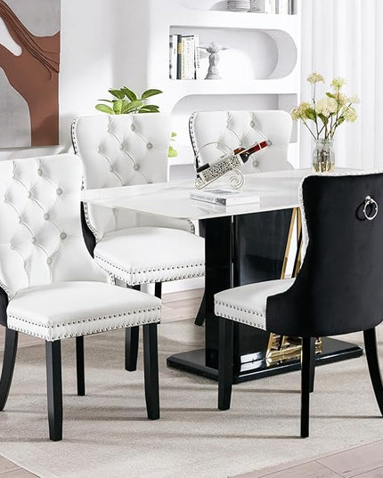 SoarFlash Leather Dining Chairs Set of 4, Tall Back Side Chair, Modern Upholstered Side Chair with Button Back Ring, Solid Wood Legs (Black&White)