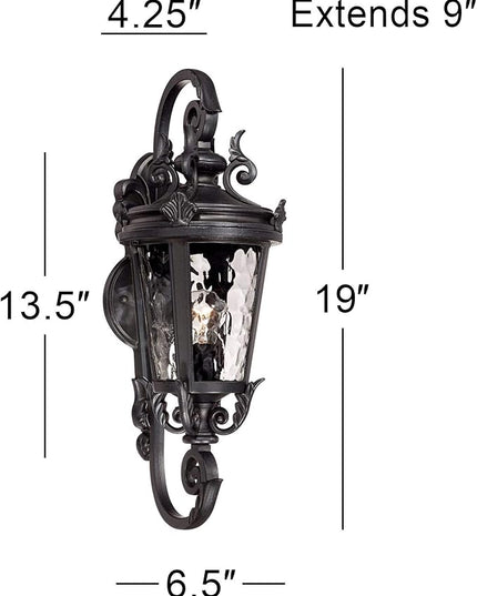 John Timberland Marseille Traditional Outdoor Wall Light Fixture Black Steel Scroll 19" Clear Hammered Glass Downbridge Arm for Exterior House Porch Patio Outside Deck Garage Front Door Home