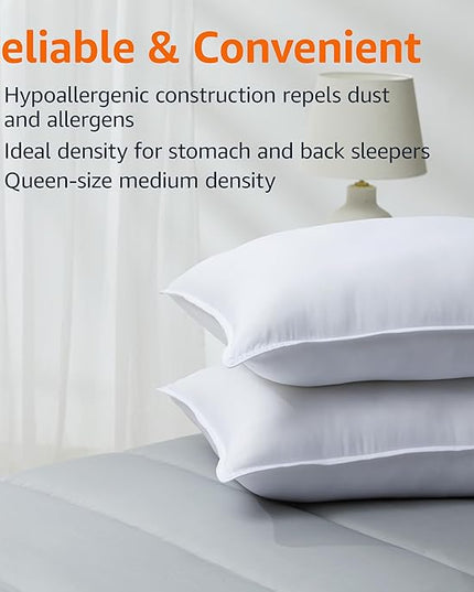 Amazon Basics Down Alternative Bed Pillow, Medium Density for Back and Side Sleepers, Queen - Pack of 2, White, 30 in L x 20 in W