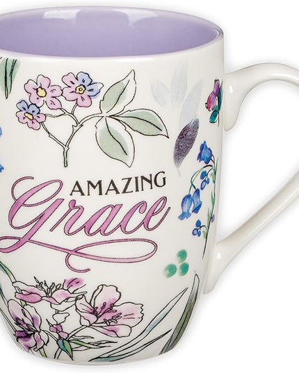 Christian Art Gifts Inspirational Ceramic Coffee & Tea Mug for Women: Amazing Grace, Cute Encouraging Lead-free Microwave & Dishwasher Safe Drinkware, White & Lavender Purple Multicolor Floral, 12 oz.