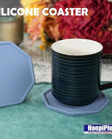6 Pieces Silicone Coasters, Octagon Shape Hot Cup Mat for Drinks, Heat Resistant Glass Cushion, Coffee Coaster for Table, Desk, Kitchen, Office, Bar Protection (Blue)