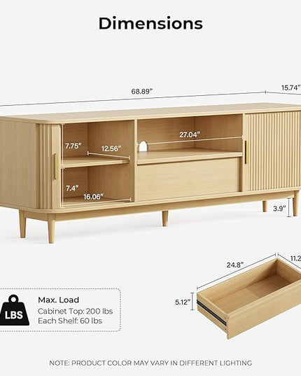 IRONCK Modern Fluted TV Stand for TVs Up to 80 inches, 69" Entertainment Center with Storage Drawer, TV Console with Sliding Doors and Adjustable Shelves, Media Console for Living Room Bedroom, Oak