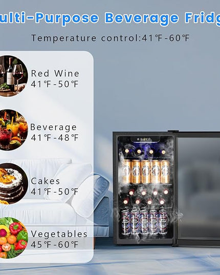 26 Bottle Wine Cooler 130 Can Beverage Refrigerator, Small Freestanding Cabinet Wine Cellar with 40℉-61℉ Temperature Control Glass Door, Black