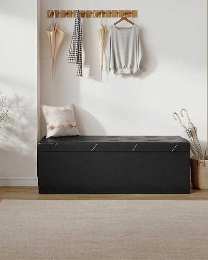 Sweetcrispy 43 Inches Folding Ottoman with Storage Bench, Foot Rest Stool, End of Bed Storage Bench Upholstered, Load 660 lbs, for Living Room, Lychee Grain Leather, Black