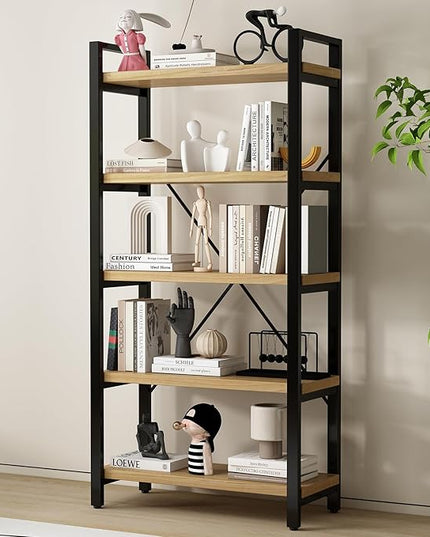 Real Solid Wood Bookshelf Shelves Rustic Vintage Industrial Etagere Bookshelf, Metal & Timber Free Vintage Bookcase, (Genuine Timber) (5-Tiers-Real Wood)