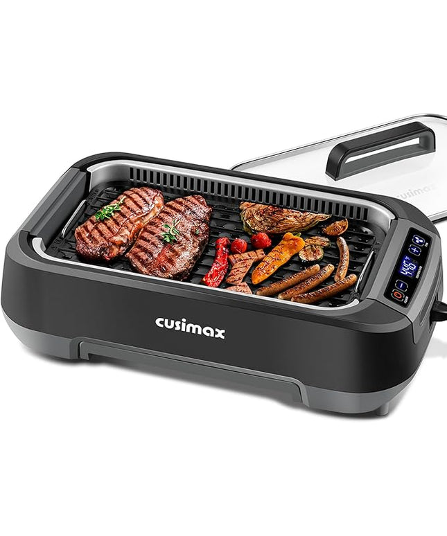 CUSIMAX Electric Indoor Grill, 1500W Smokeless Korean BBQ Grill with Smart LED Display & Tempered Glass Lid, Removable Non-stick Plate, Turbo Smoke Extractor, Black