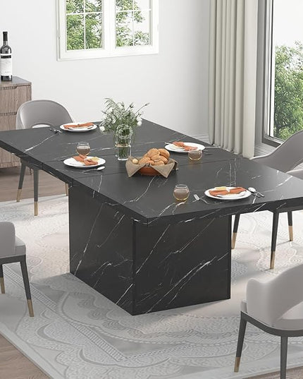 HSH 55 inch Dining Room Table for 4, Modern Black Faux Marble Dining Table, Rectangle Kitchen Table with Heavy Duty Pedestal, Industrial Wood Dinner Desk for Home Living Room, Black Marble, 55 Inch