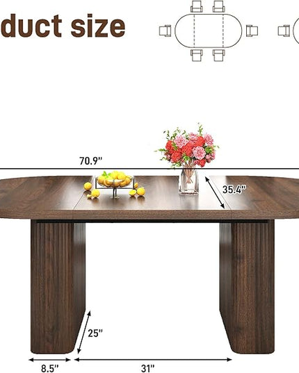 70.8 in Dining Table for 4 5 6 | Modern Walnut Rectangular Kitchen Table W/Waterproof Wood Tabletop,Farmhouse Long Dining Room Tables W/Foot Pads&Wood Strip Base for Kitchen Living Room