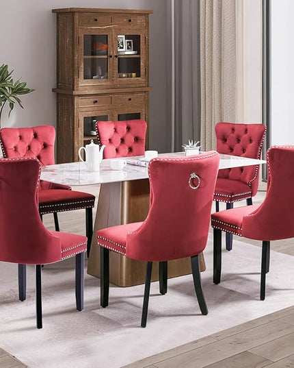 SoarFlash Velvet Dining Chair Set of 6, Upholstered Tufted Dining Room Chair with Nailhead Trim and Solid Wood Leg for Kitchen (Wine Red)
