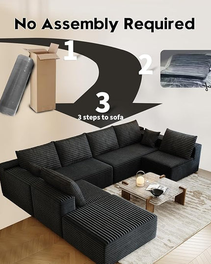 139.4" Modular Sectional Sofa, Oversized U-Shaped Minimalist Couches with 2 Middle Seats and 1 Ottoman Chaise, Modern Deep Seat Convertible Sleeper Sofa, Cloud Plush Corduroy Fabric,7 Seater, Black