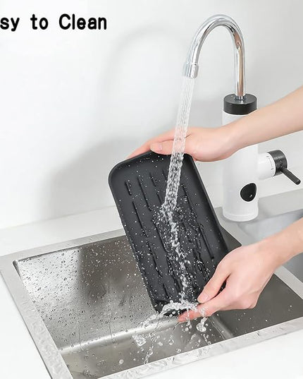 Silicone Kitchen Sink Organizer Tray for Multiple Usage,Eco-Friendly Sponges Holder for Kitchen Bathroom Counter or Sink,Dish Soap Dispenser,Scrubber,Bottle,Cup (Black, 10"×5.3")
