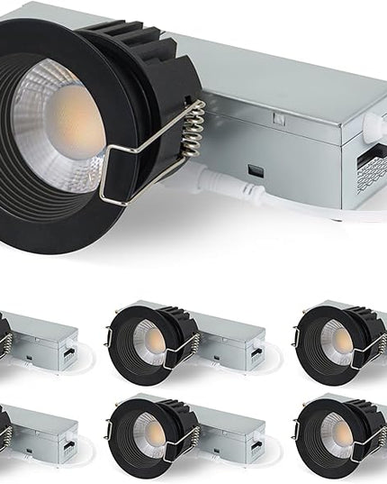 2 Inch 5CCT Anti-Glare LED Recessed Lights with Jbox, 2700K/3000K/3500K/4000K/5000K Selectable, 8W 840LM CRI90+, Dimmable Canless Downlight, Waterproof Light Fixtures, ETL & FCC（Black, 6 Pack）