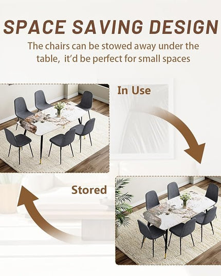 7 Piece Dining Table Set, Dinner Table Set for 6, Sintered Stone Kitchen Table Top and Modern Chairs Set of 6 for Kitchen Dining Room