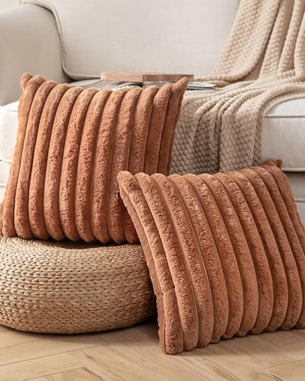 DEELAND Pack of 2,Double-Sided Faux Fur Plush Decorative Throw Pillow Covers Fuzzy Striped Soft Pillowcase Cushion Covers for Sofa Couch Bedroom Brown 26x26 inch