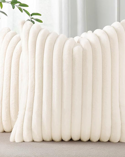 Pallene Faux Fur Plush Throw Pillow Covers 26x26 Set of 2, Luxury Soft Fluffy Striped Decorative Pillow Covers for Sofa, Couch, Living Room, Cream White