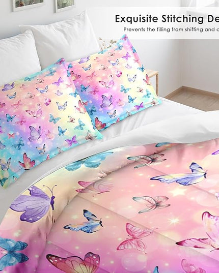 Comforter Set Queen Size, Pink Blue Butterfly Soft 3 Pcs Bedding for Kids and Adults Purple Colorful Rainbow Comforter Set with 2 Pillowcases for Bedroom Bed Decor