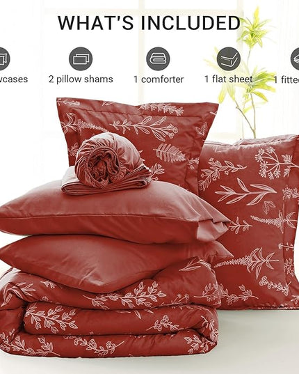 MUXHOMO Terracotta Bed in a Bag Queen 7 Pieces, Queen Comforter Set Reversible Botanical Flowers Design, Ultra Soft & Breathable Bedding Sets with Comforter, Sheets, Pillowcases & Shams