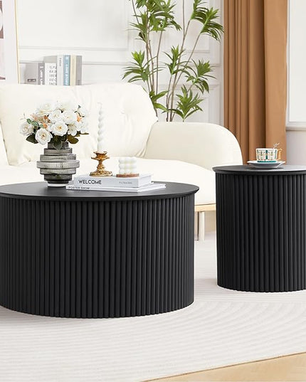 Fluted Round Nesting Coffee Table Set of 2, Mid Century Modern Wood Coffee Table and End Table Set, Minimalist Center Tables Circle Side Table for Living Room, Office(Black