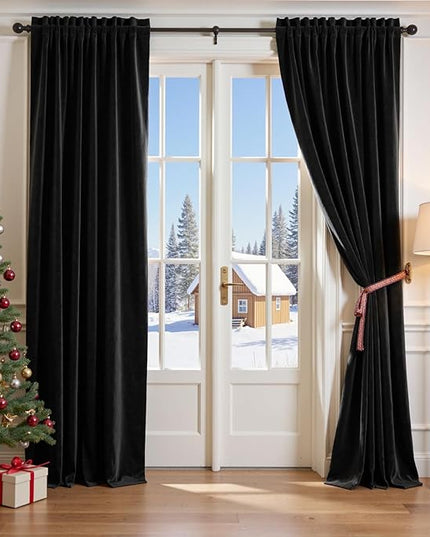 Lazzzy Velvet Blackout Curtains Thermal Insulated Room Window Drapes Super Soft Luxury Curtains for Living Room Bedroom Rod Pocket 2 Panels, Black, 42" W x 96" L